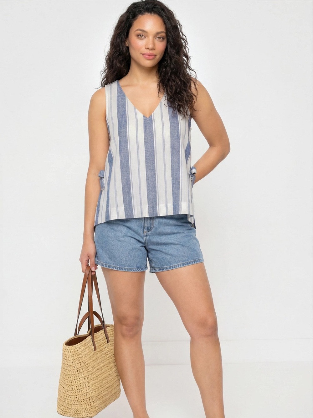 MADEWELL Striped Side Tie Tank Striped V-Neck Sleeveless Top - Blue & White